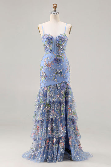 Sparkly Floral Blue Ruffled Mermaid Long Corset Prom Dress with Slit