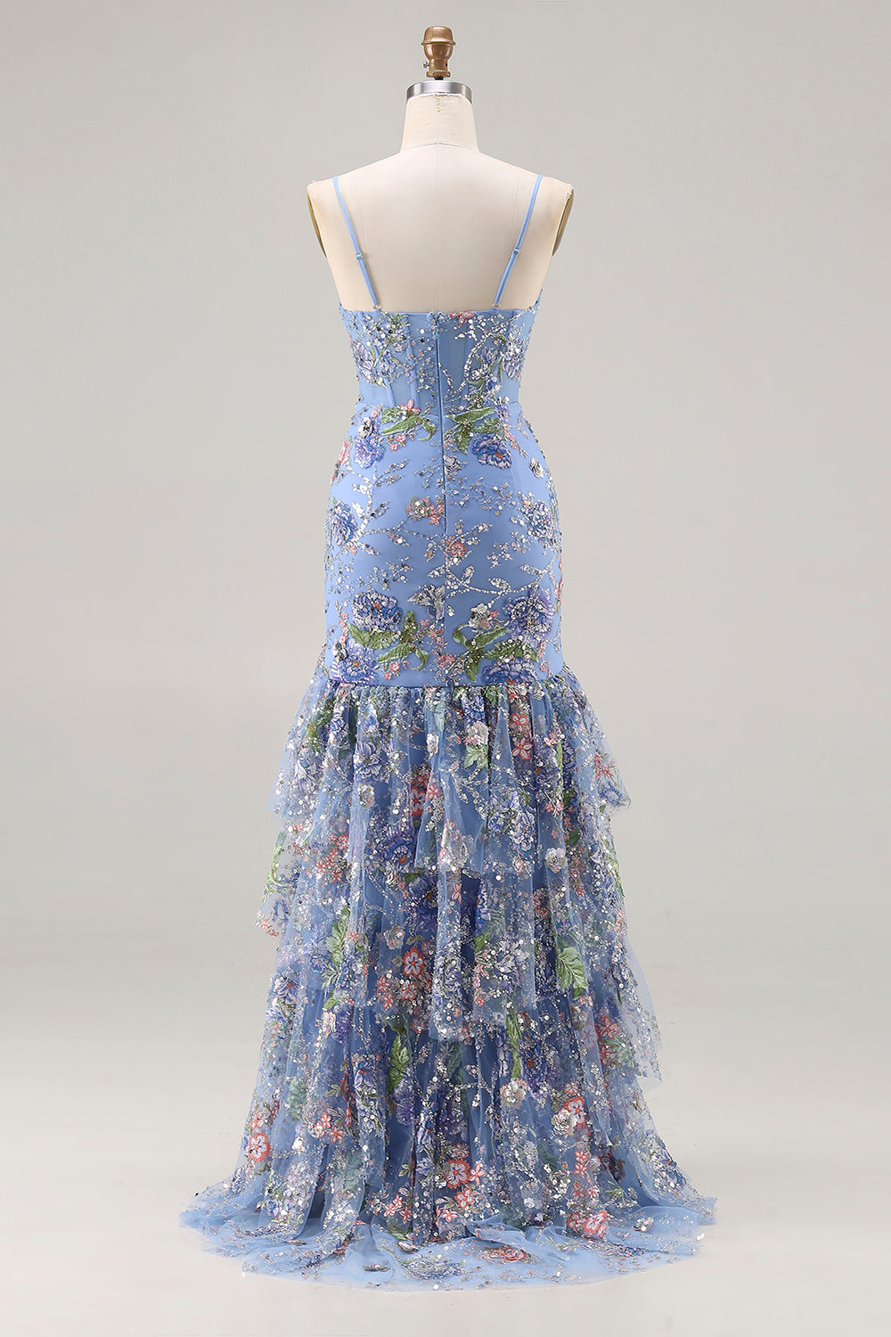 Sparkly Floral Blue Ruffled Mermaid Long Corset Prom Dress with Slit