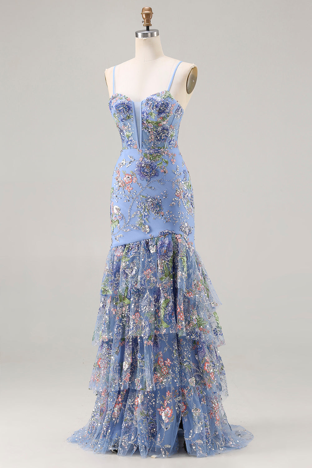 Sparkly Floral Blue Ruffled Mermaid Long Corset Prom Dress with Slit
