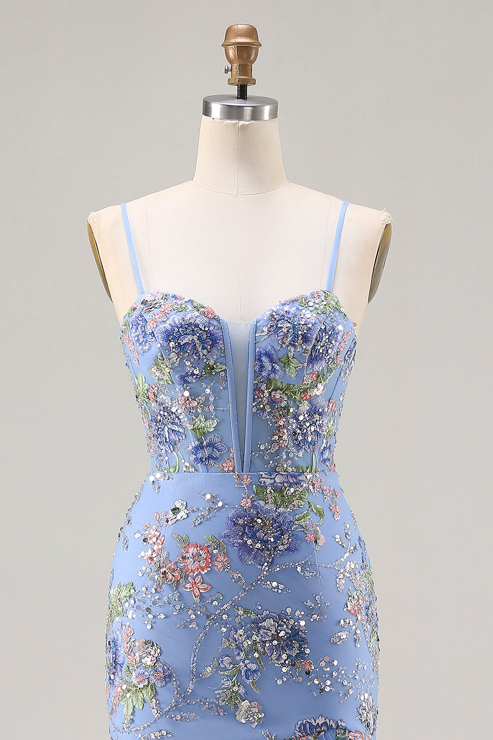 Sparkly Floral Blue Ruffled Mermaid Long Corset Prom Dress with Slit