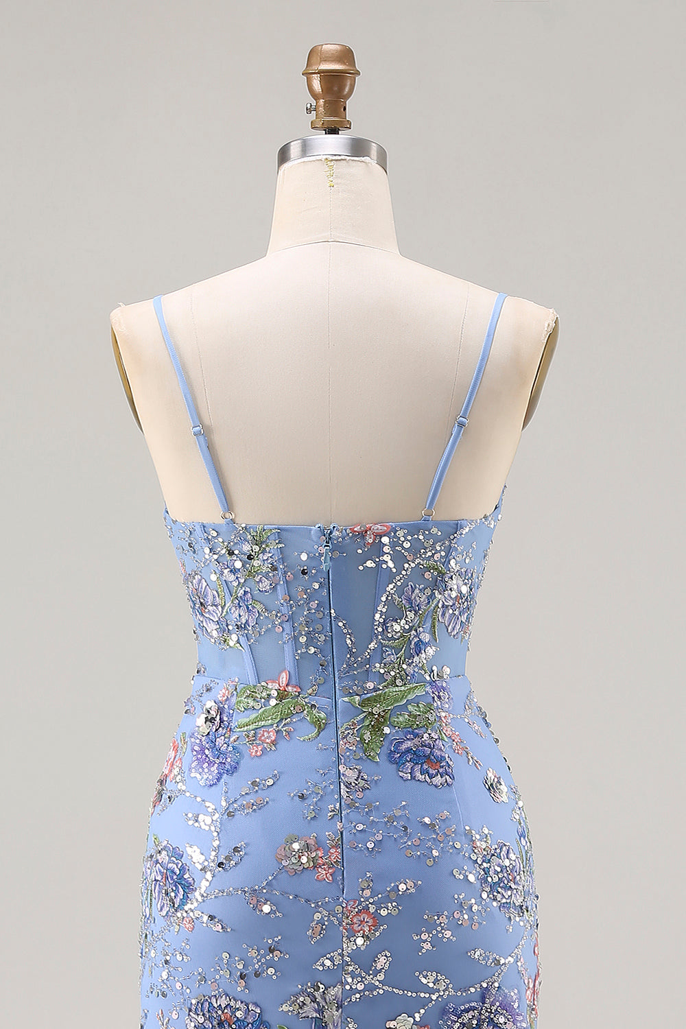 Sparkly Floral Blue Ruffled Mermaid Long Corset Prom Dress with Slit