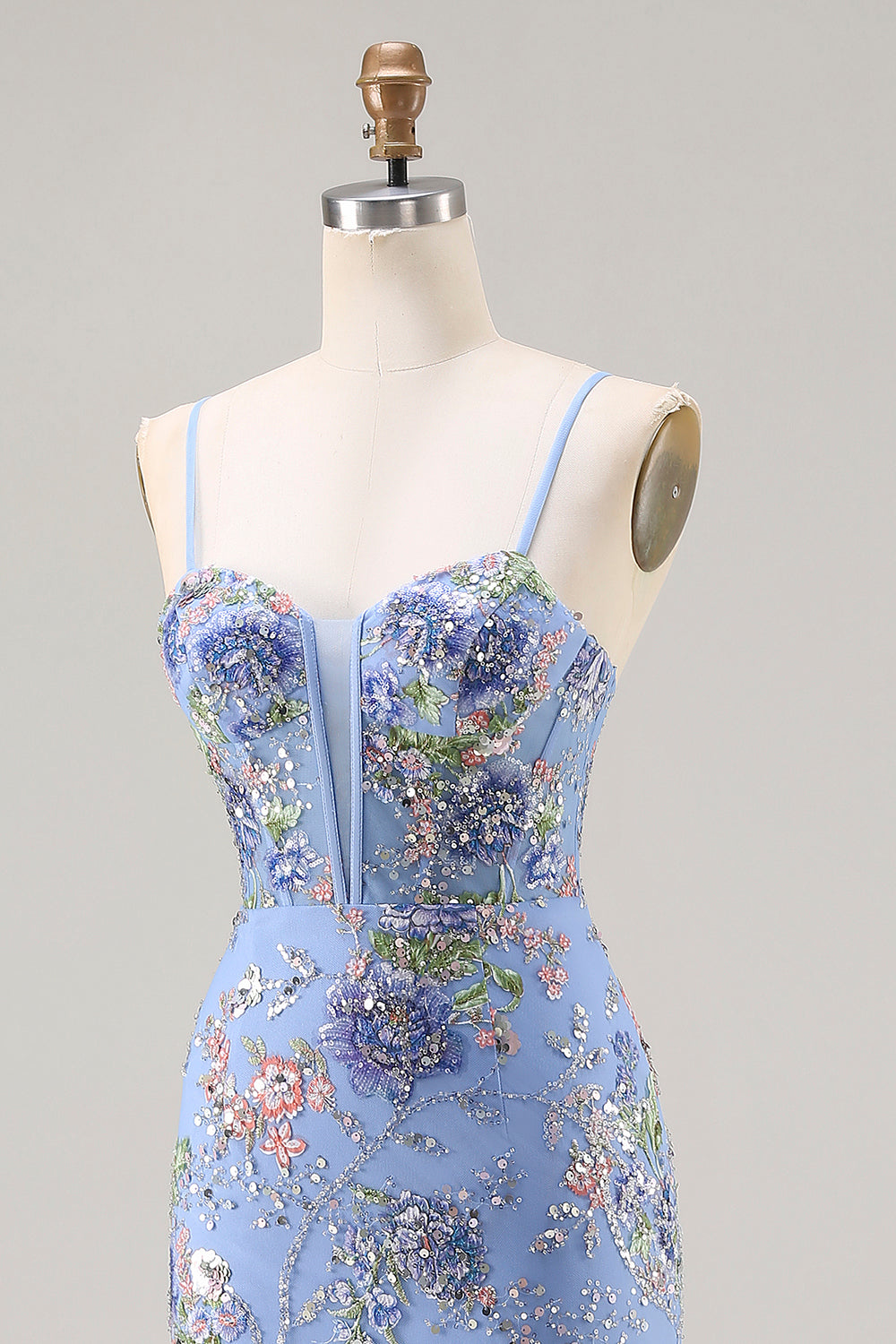 Sparkly Floral Blue Ruffled Mermaid Long Corset Prom Dress with Slit