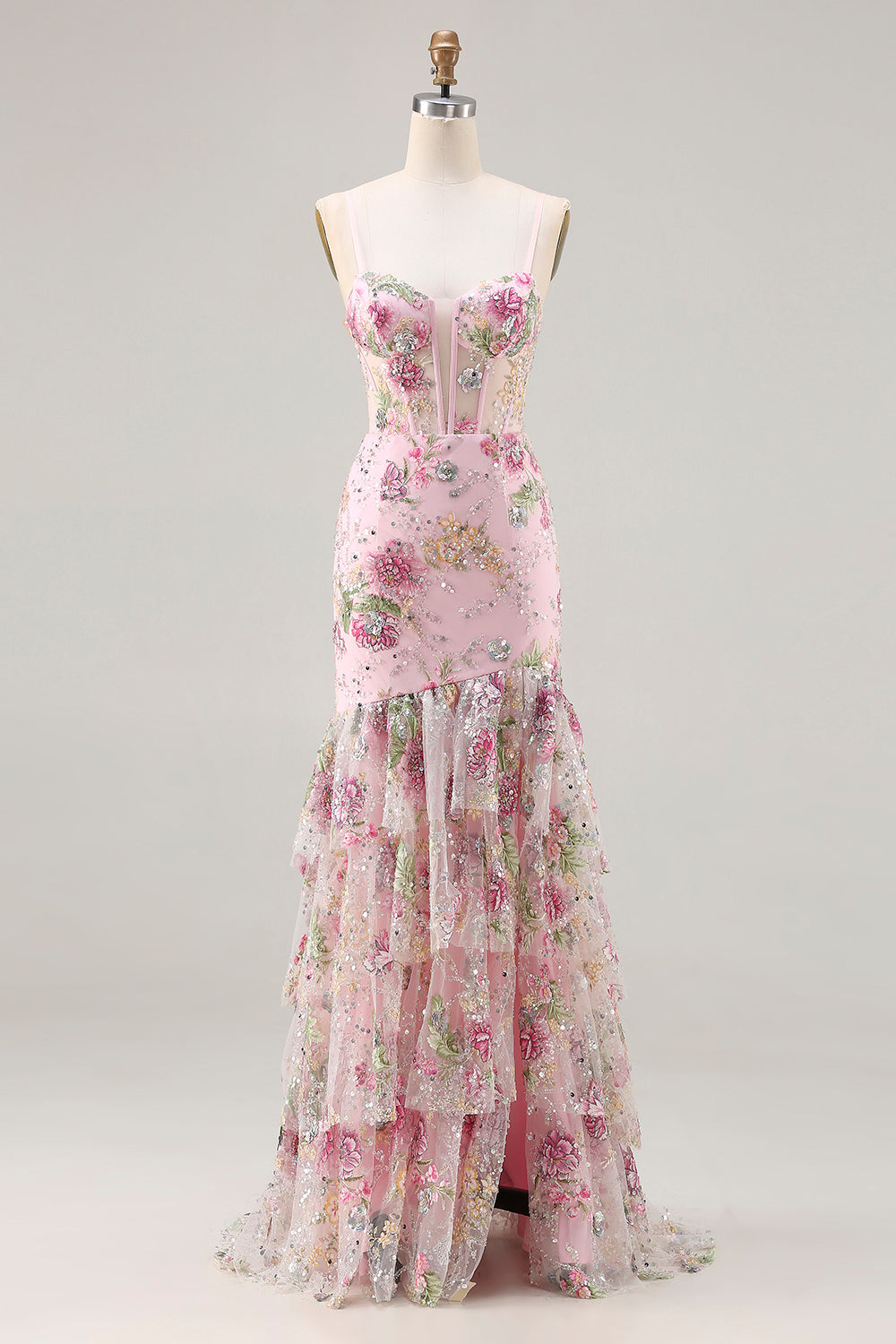 Sparkly Floral Blue Ruffled Mermaid Long Corset Prom Dress with Slit