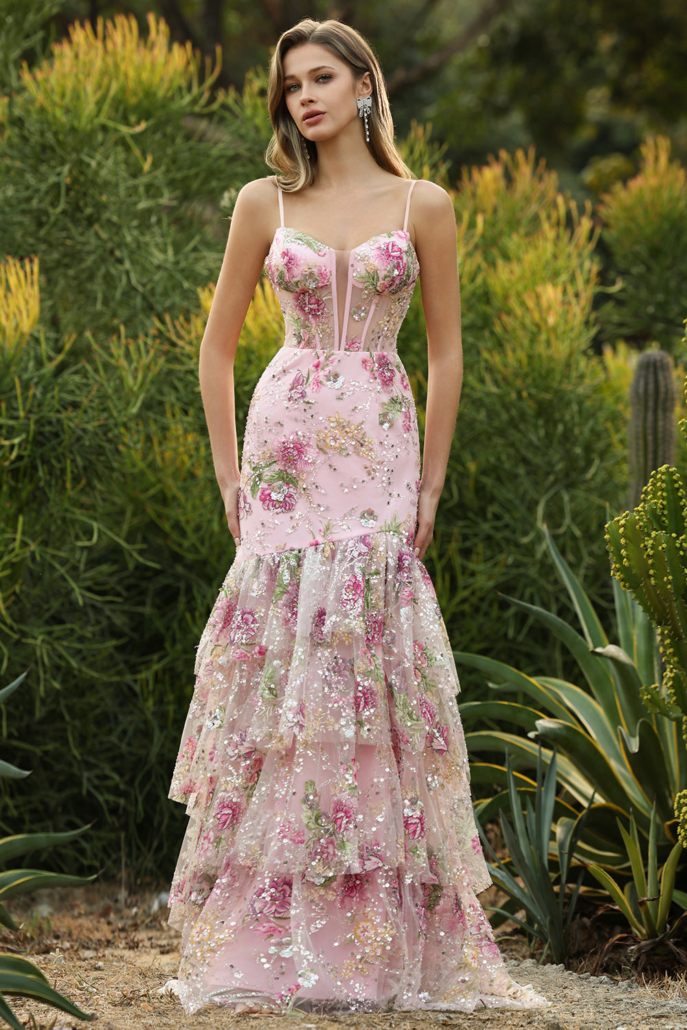 Sparkly Floral Blue Ruffled Mermaid Long Corset Prom Dress with Slit