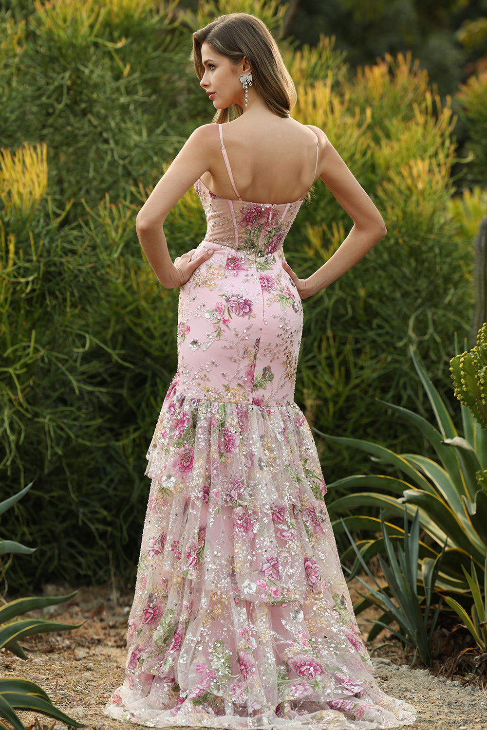 Sparkly Floral Blue Ruffled Mermaid Long Corset Prom Dress with Slit