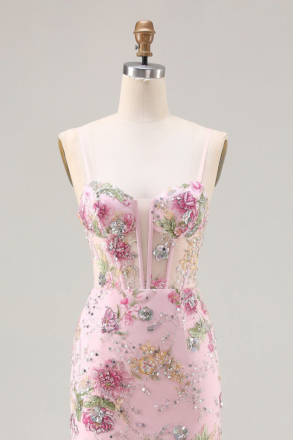 Sparkly Pink Floral Mermaid Beaded Long Corset Prom Dress with Ruffles