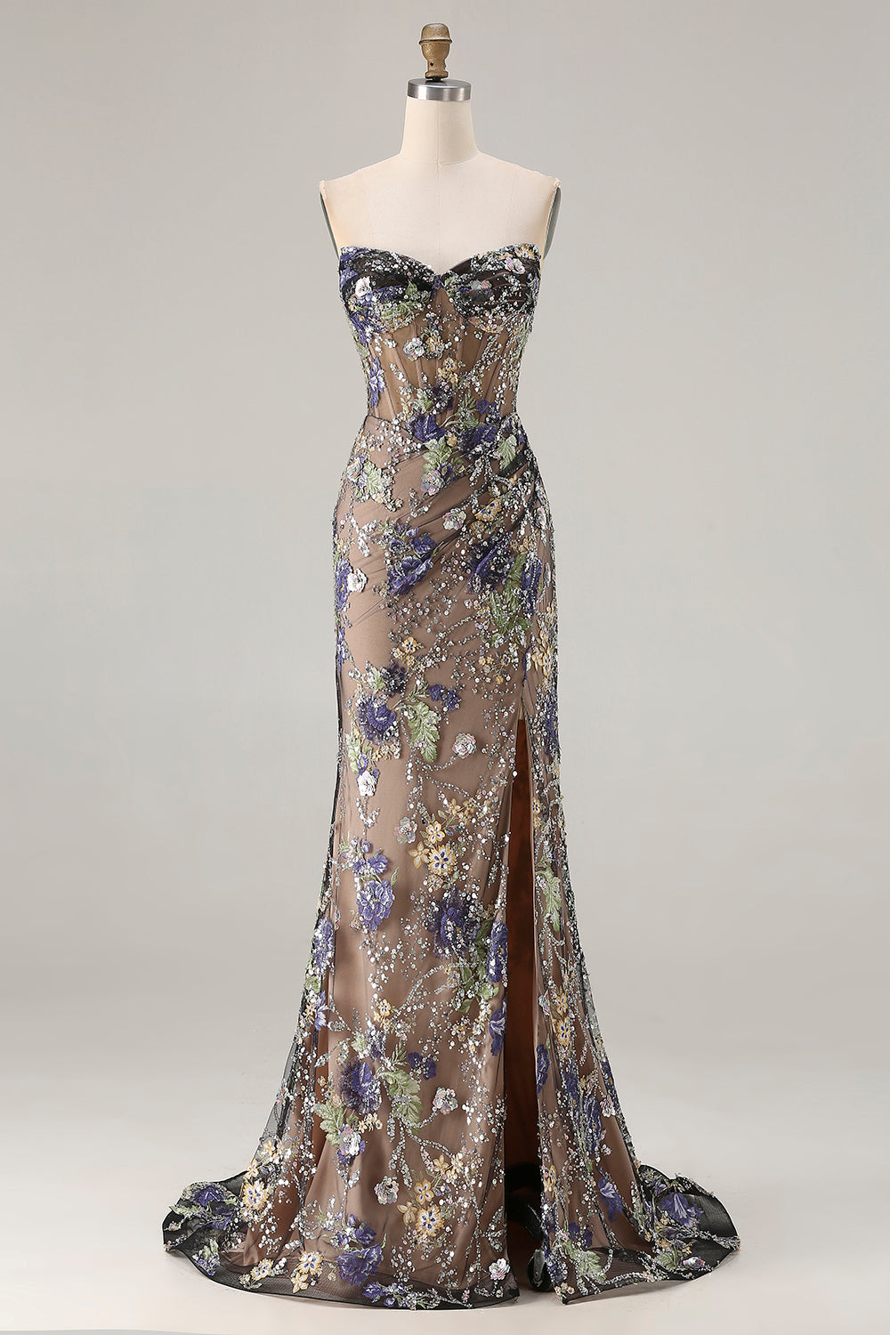 Sparkly Floral Black Plus Size Beaded Mermaid Long Corset Prom Dress with Slit