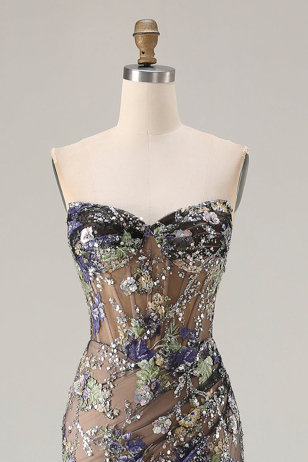 Sparkly Floral Black Beaded Mermaid Long Corset Prom Dress with Slit