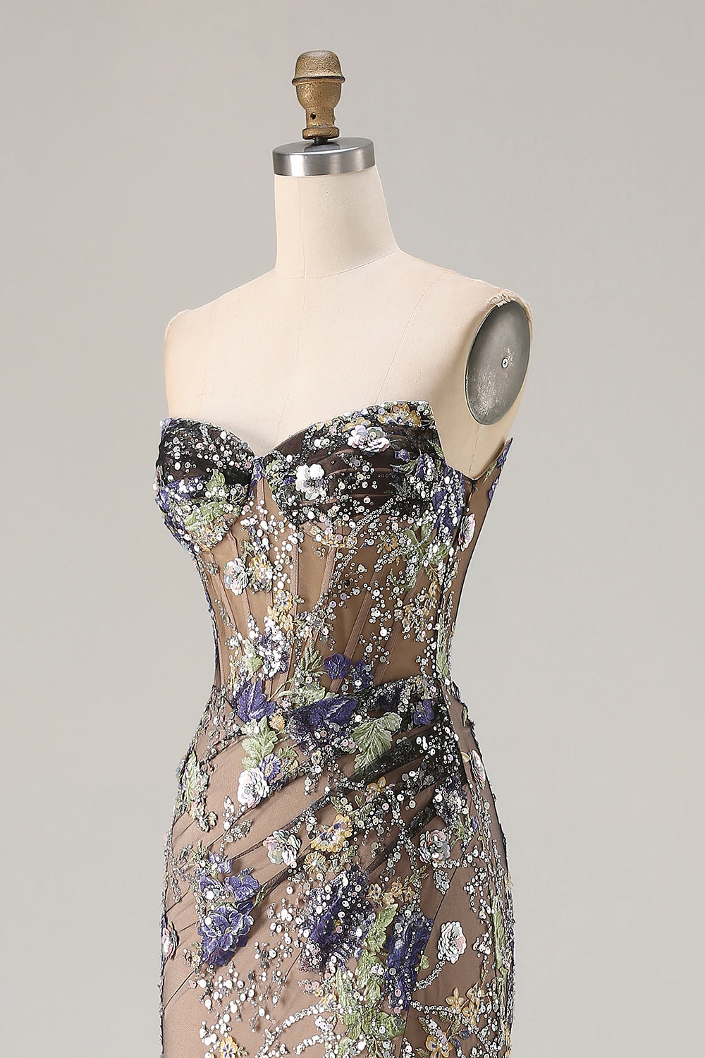 Sparkly Floral Black Beaded Mermaid Long Corset Prom Dress with Slit