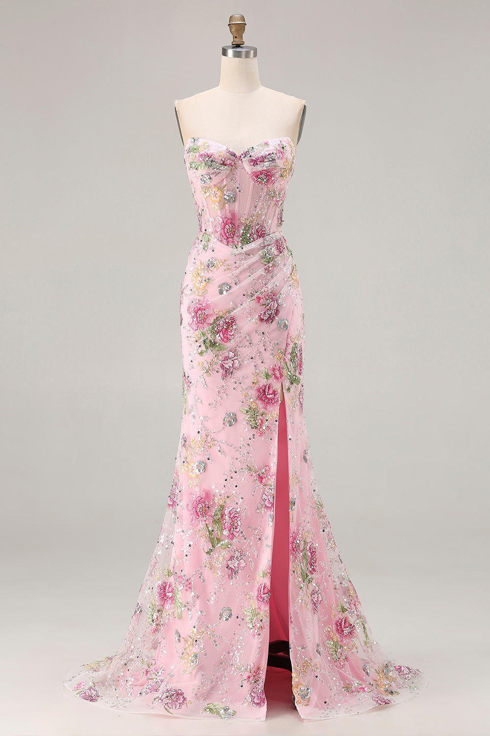 Sparkly Floral Black Beaded Mermaid Long Corset Prom Dress with Slit