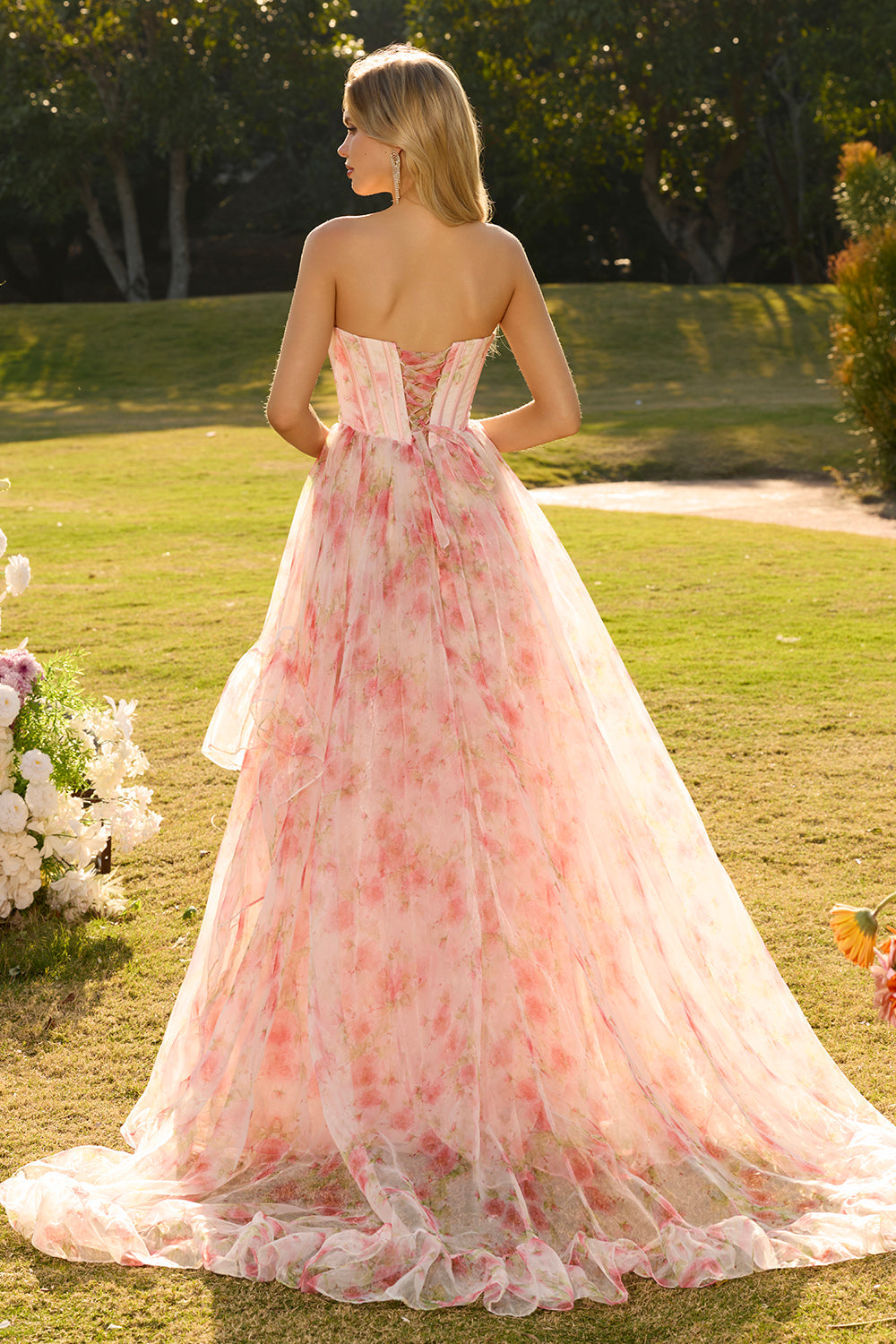 Sparkly Floral Pink Beaded A Line Long Corset Prom Dress with Ruffles