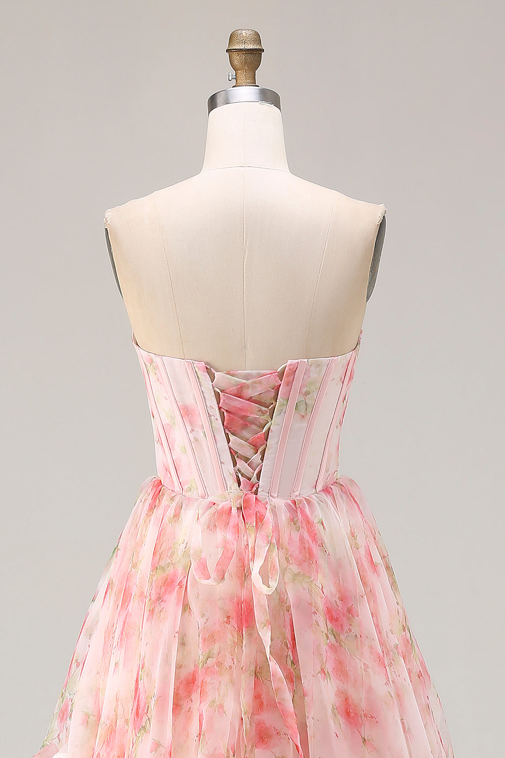 Sparkly Floral Pink Beaded A Line Long Corset Prom Dress with Ruffles
