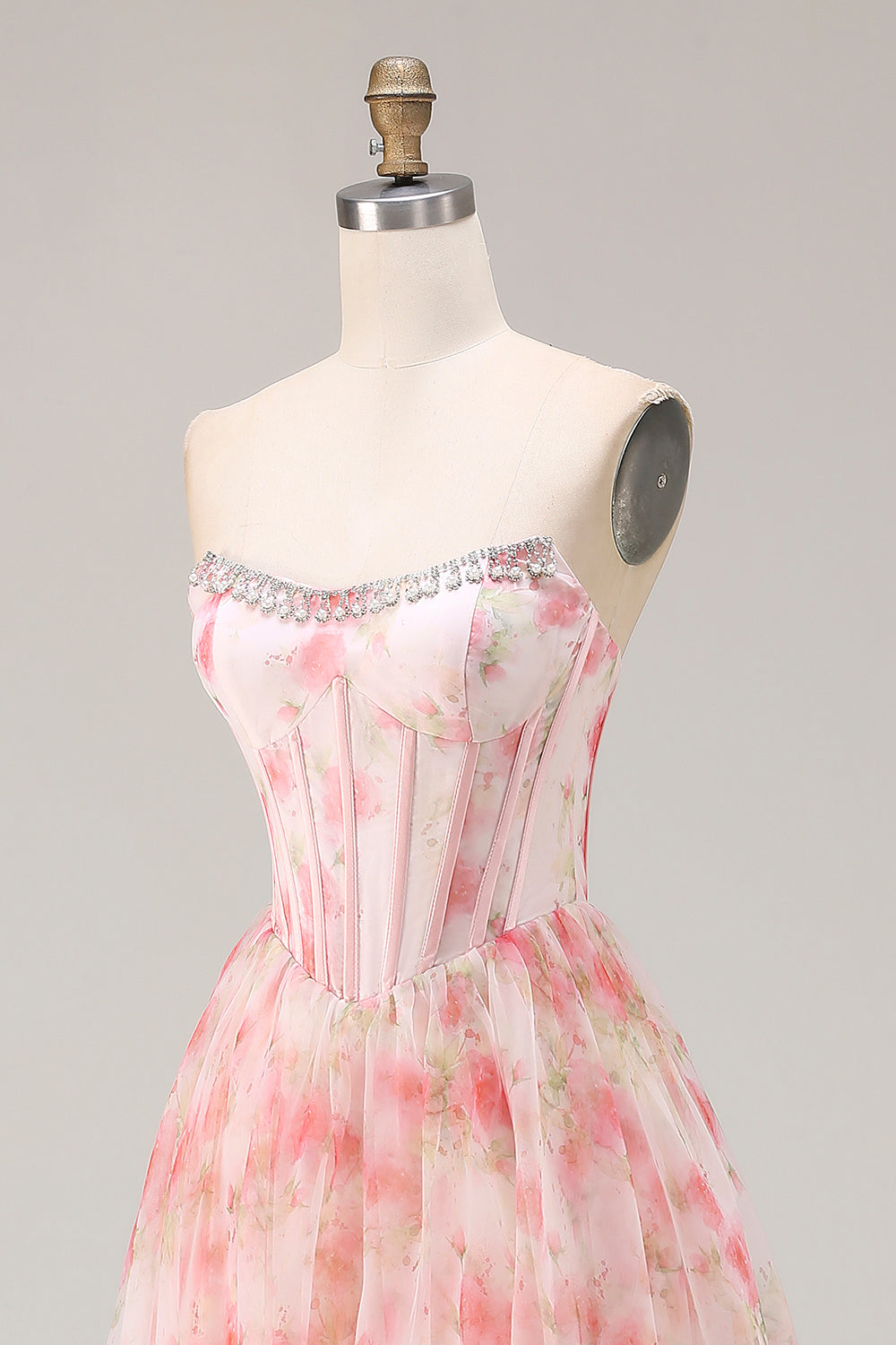 Sparkly Floral Pink Beaded A Line Long Corset Prom Dress with Ruffles