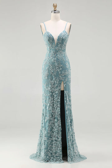 Sparkly Floral Grey Green Long Mermaid Beaded Prom Dress with Slit