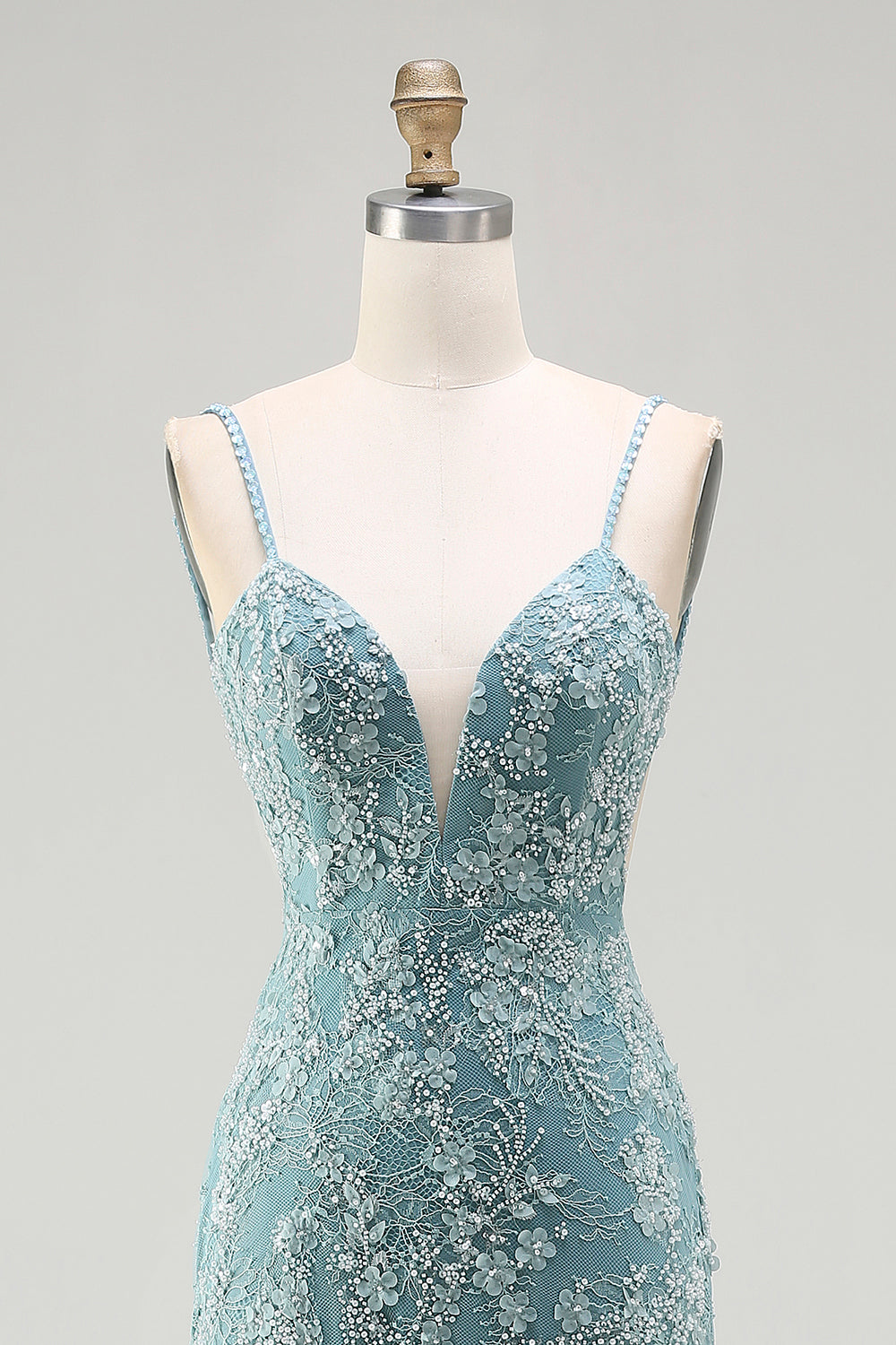 Sparkly Floral Grey Green Long Mermaid Beaded Prom Dress with Slit