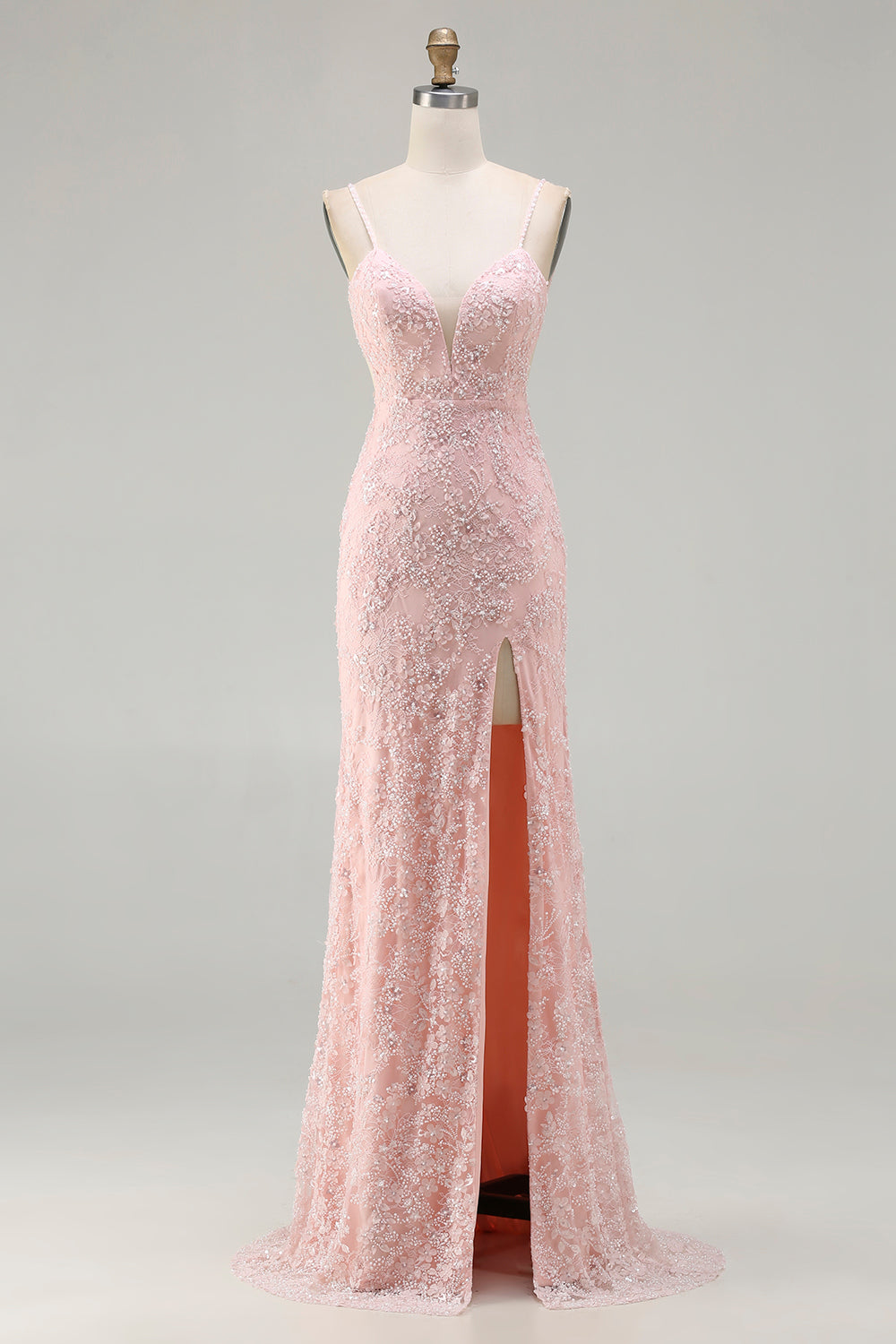 Sparkly Floral Pink Long Mermaid Beaded Prom Dress with Slit