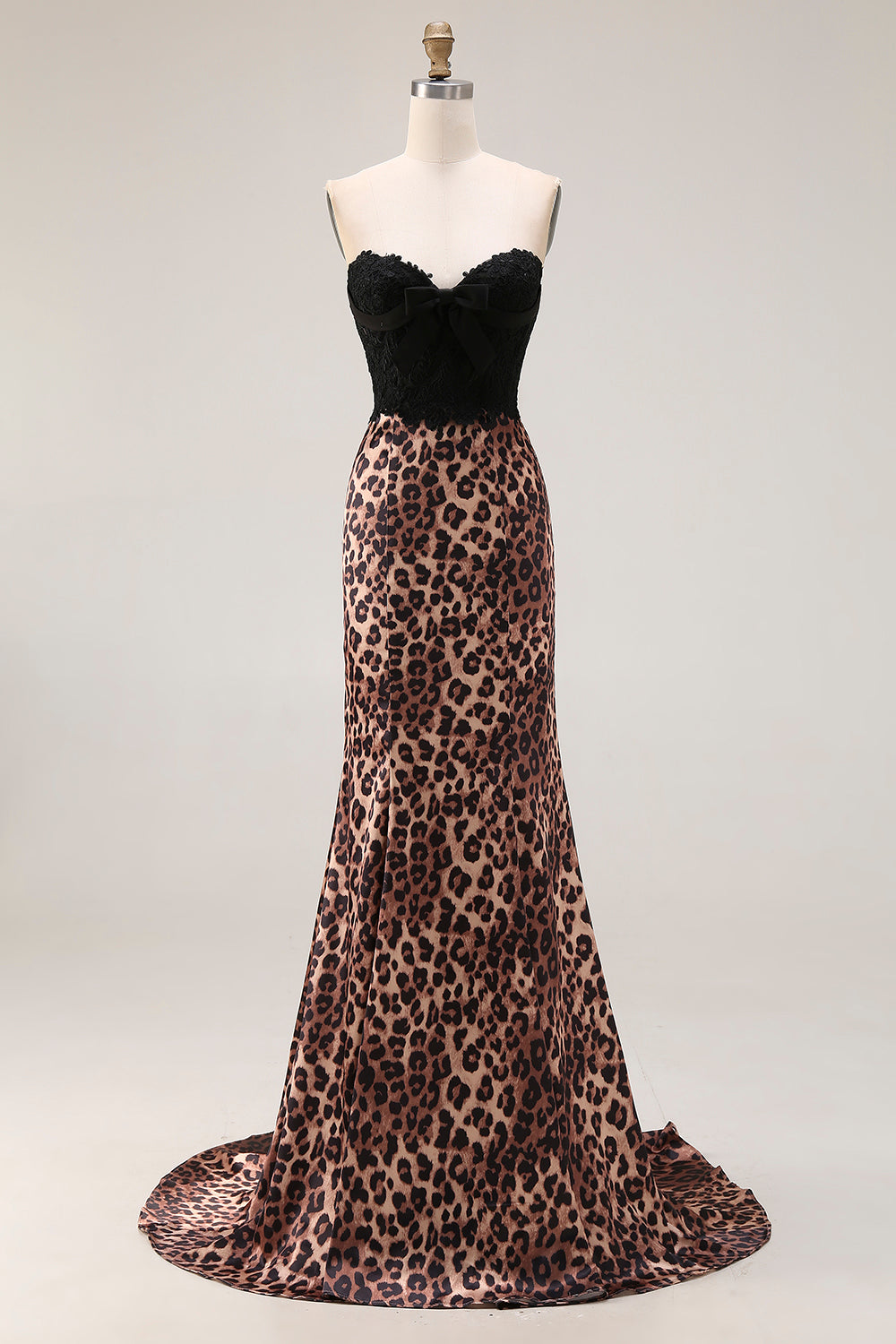 Plus Size Brown Leopard Print Sweetheart Mermaid Long Prom Dress with Bow