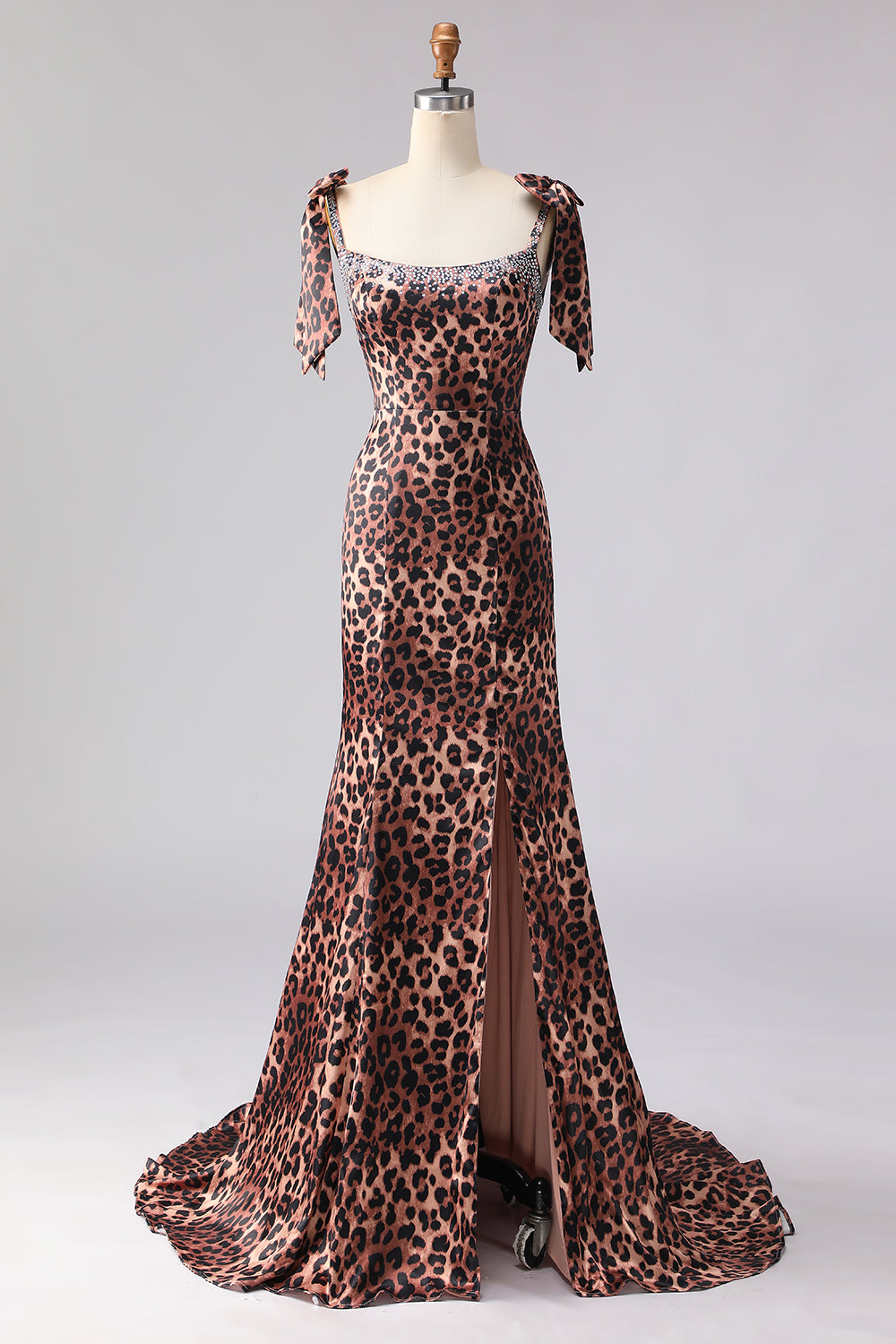 Sparkly Brown Plus Size Leopard Print Beaded Long Prom Dress with Bows