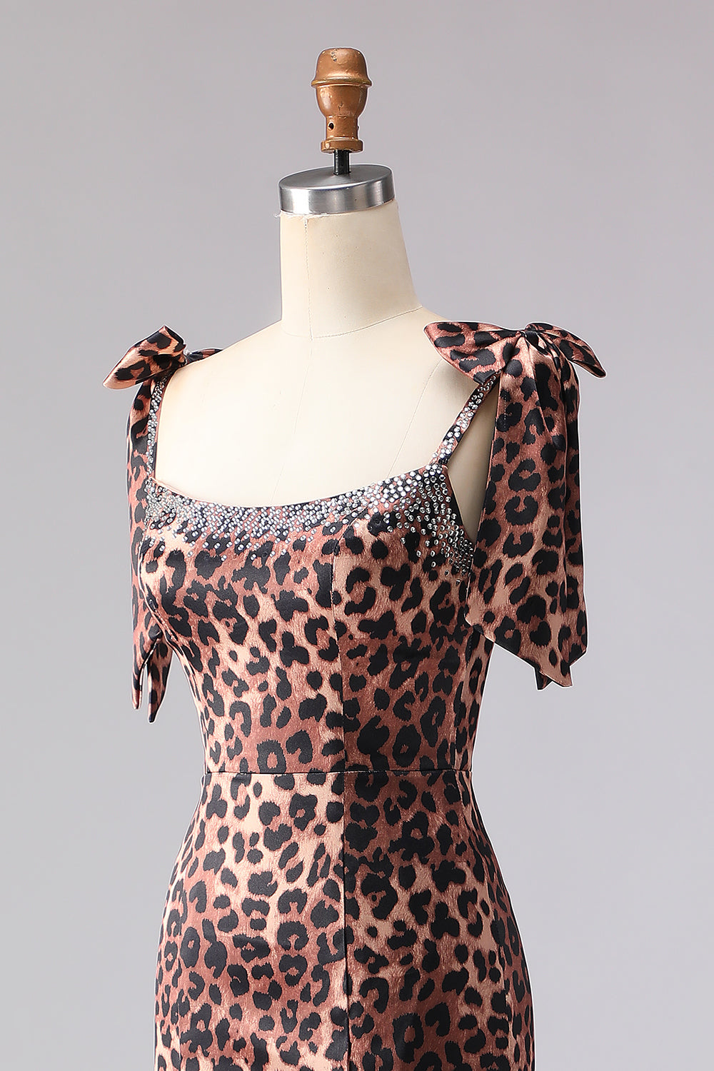 Sparkly Brown Leopard Print Beaded Long Prom Dress with Bows