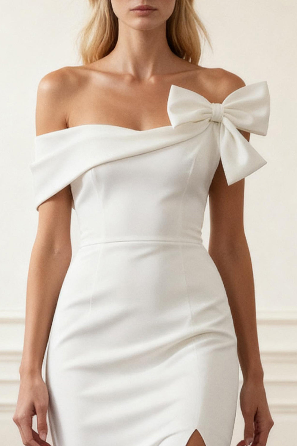 White Satin Mermaid Off The Shoulder Long Prom Dress with Bow