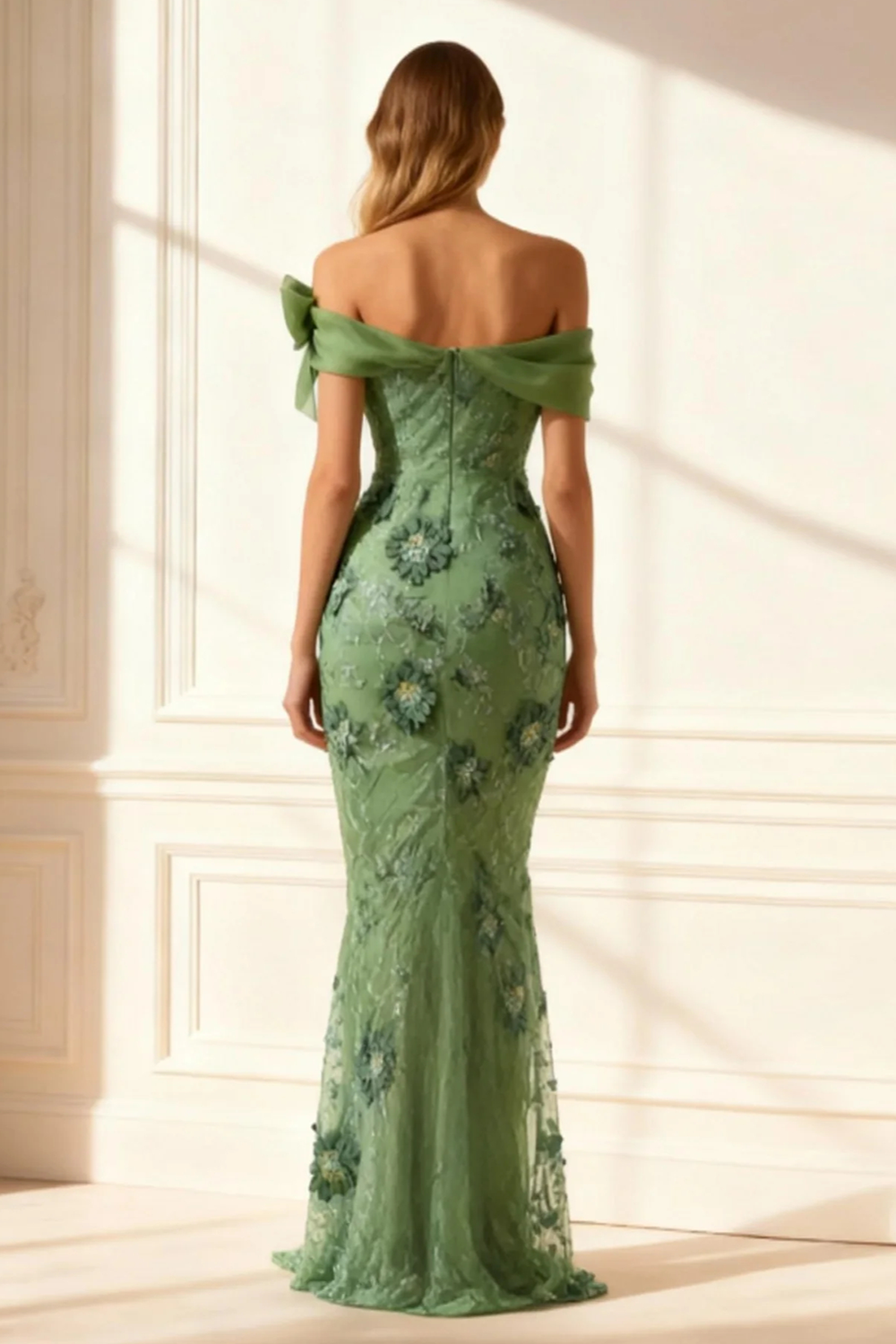 Floral Eucalyptus Mermaid Off The Shoulder Long Prom Dress with Slit