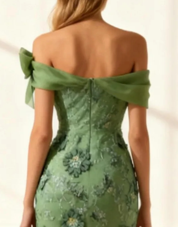 Floral Eucalyptus Mermaid Off The Shoulder Long Prom Dress with Slit