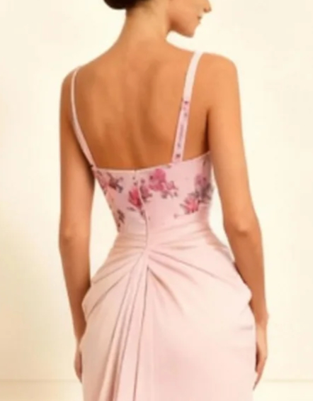 Floral Dusty Rose Satin Sheath Ruched Long Prom Dress with Slit
