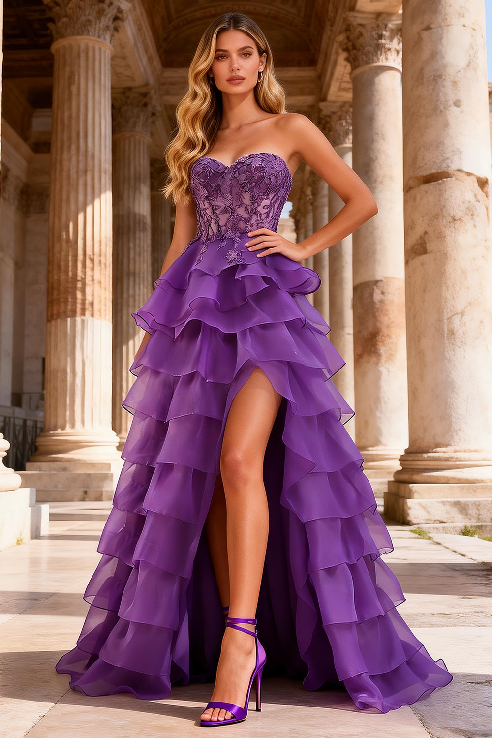 Purple Ruffled Sweetheart A Line Corset Long Prom Dress with Lace