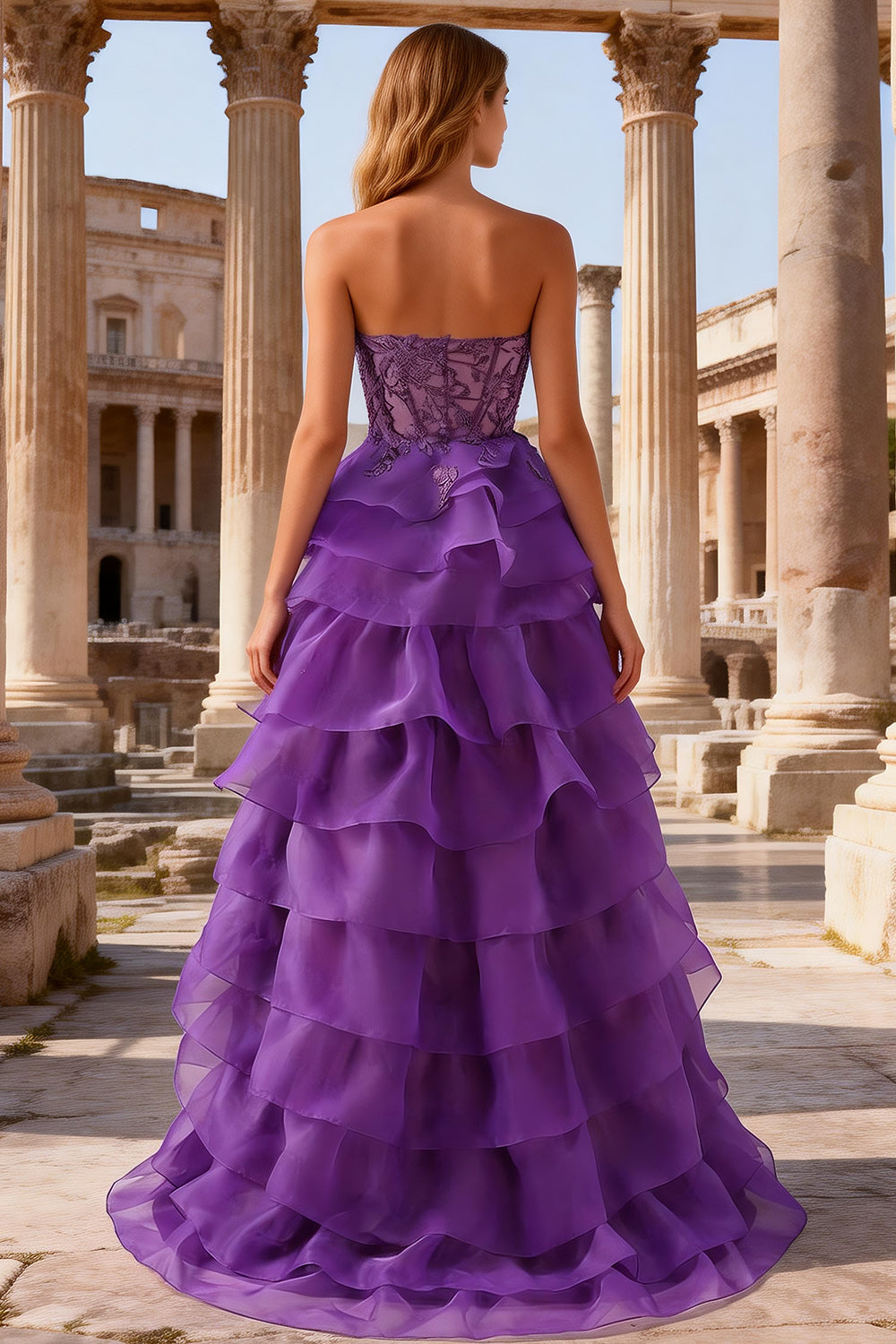 Purple Ruffled Sweetheart A Line Corset Long Prom Dress with Lace