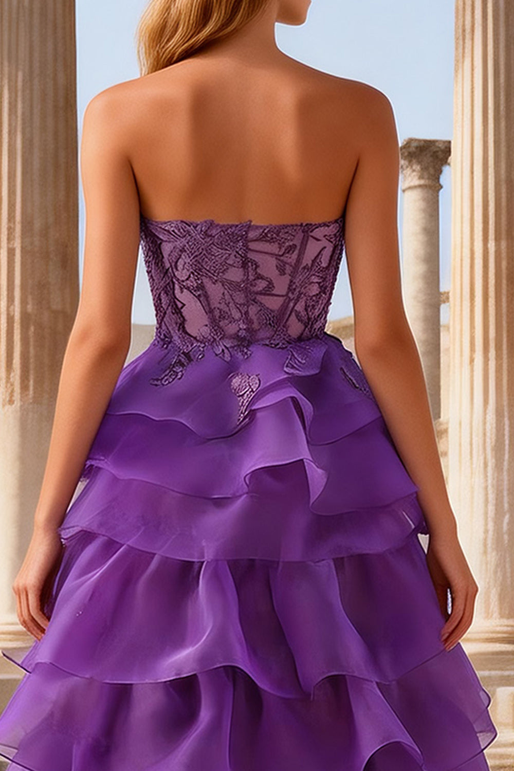Purple Sweetheart Ruffled A Line Long Corset Prom Dress with Lace