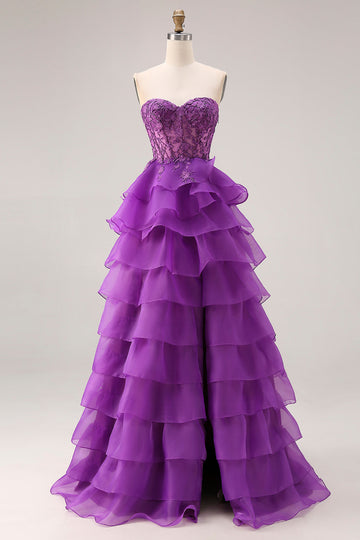 Purple Ruffled Sweetheart A Line Corset Long Prom Dress with Lace