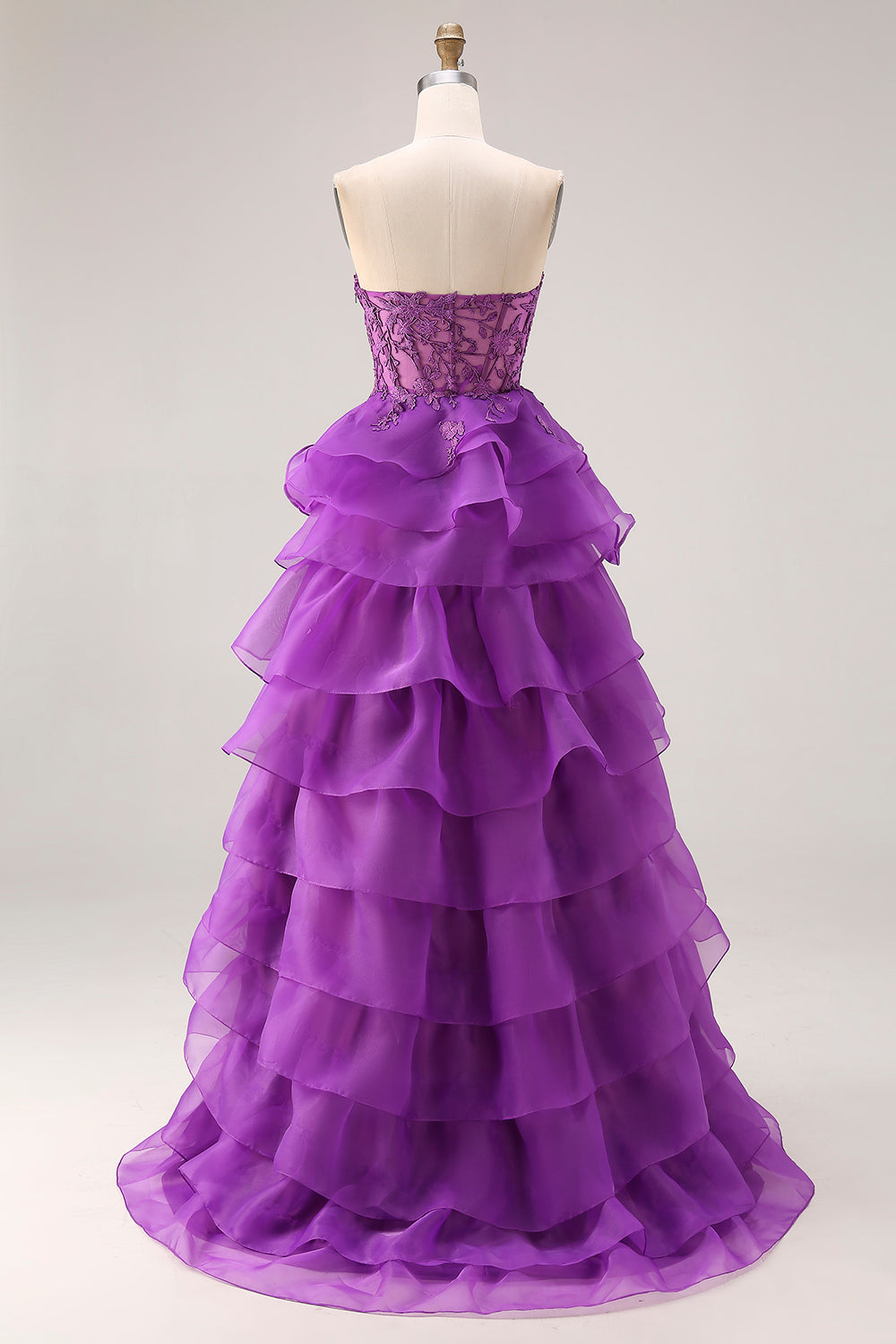 Purple Ruffled Sweetheart A Line Corset Long Prom Dress with Lace