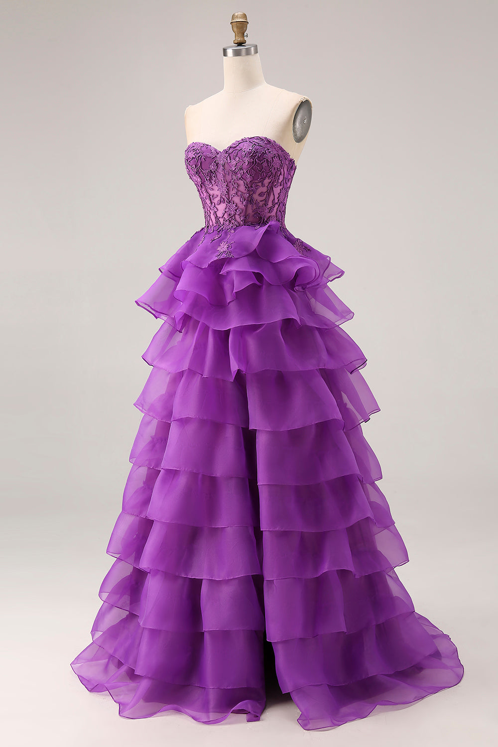 Purple Ruffled Sweetheart A Line Corset Long Prom Dress with Lace