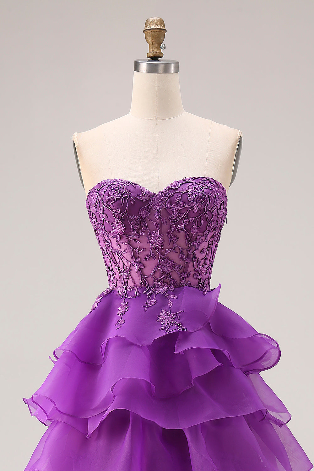 Purple Ruffled Sweetheart A Line Corset Long Prom Dress with Lace