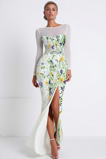 Floral Mermaid Boat Neck Long Sleeves Prom Dress with Slit