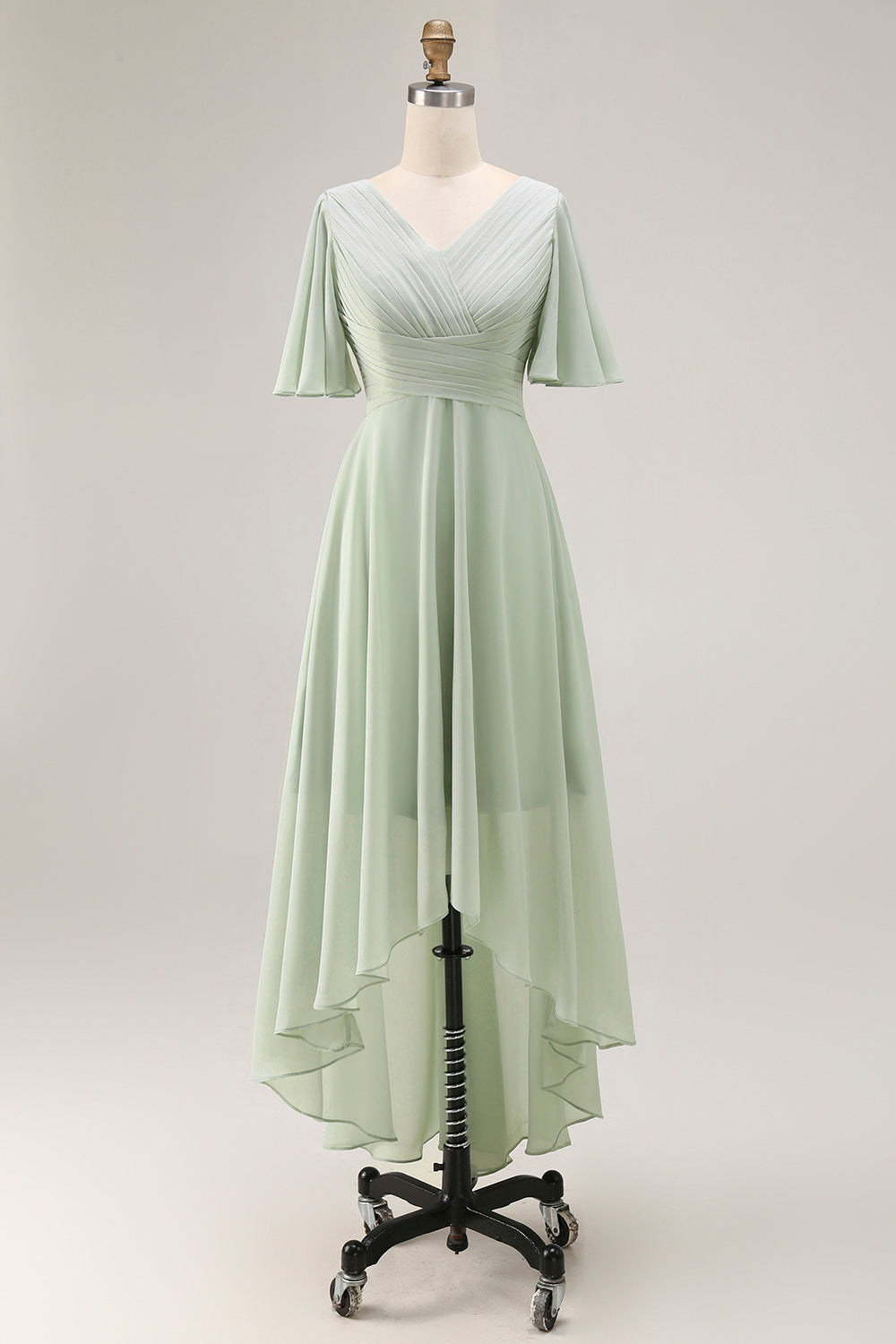 Sage Green V-Neck Chiffon High-Low Bridesmaid Dress with Sleeves