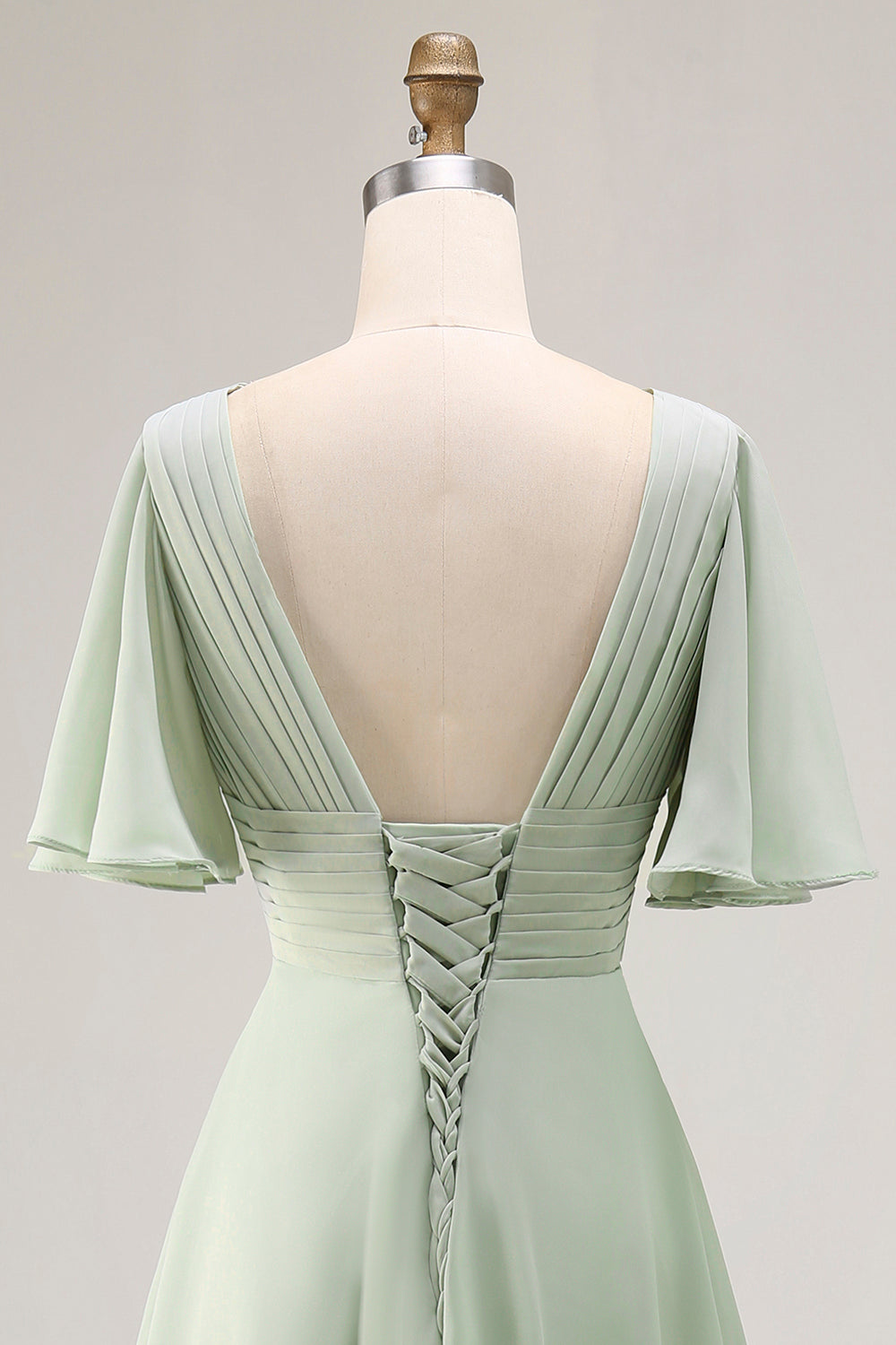 Sage Green V-Neck Chiffon High-Low Bridesmaid Dress with Sleeves