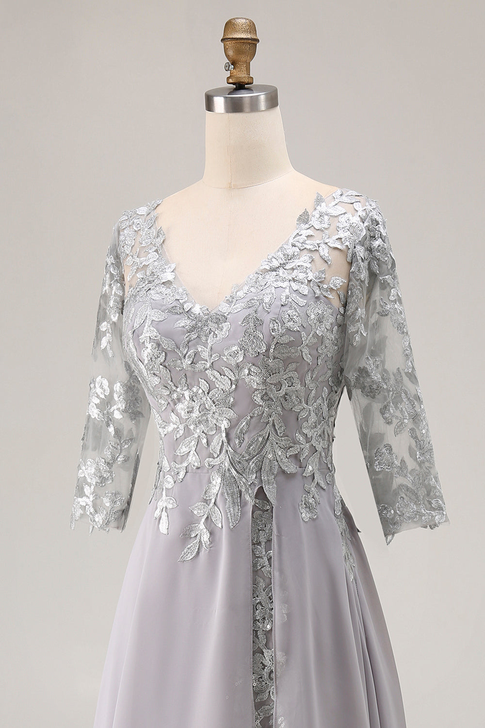 Silver V-Neck A Line Long Mother of the Bride Dress with Lace