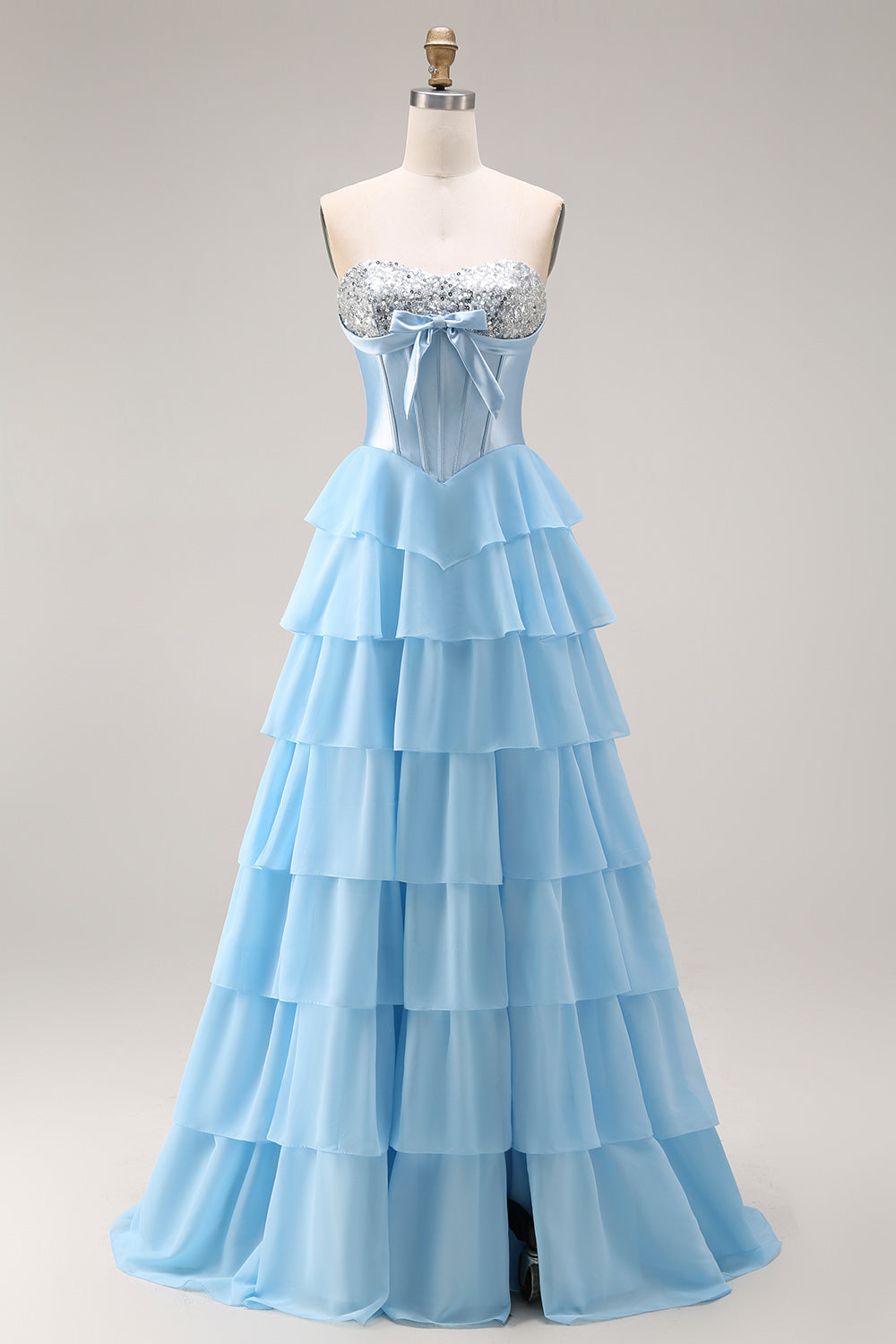 Sparkly Pink Tiered Sequin Ruffled Long Corset Prom Dress with Bow