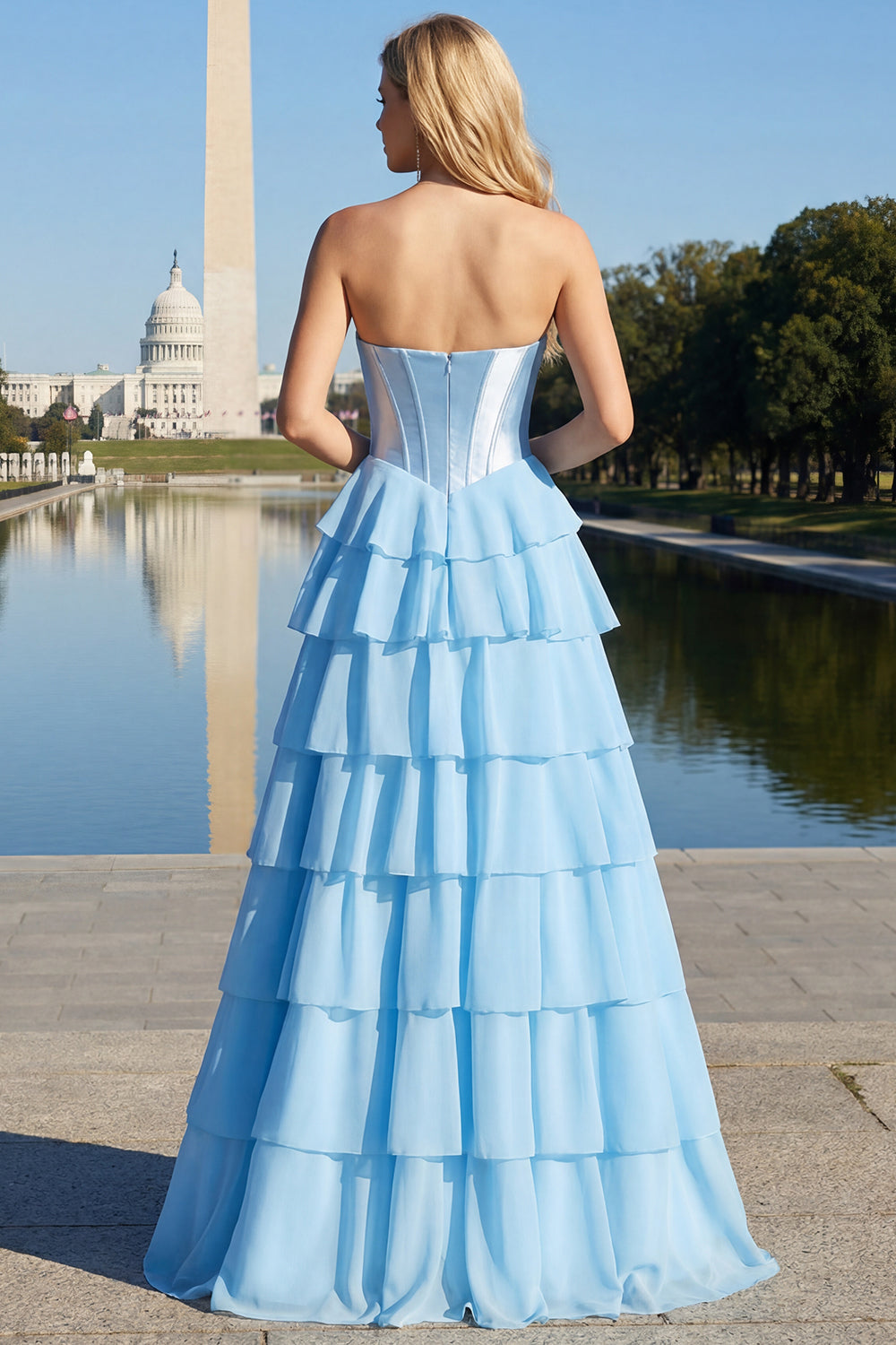 Sparkly Blue Sequin Tiered Ruffled Corset Long Prom Dress with Bow