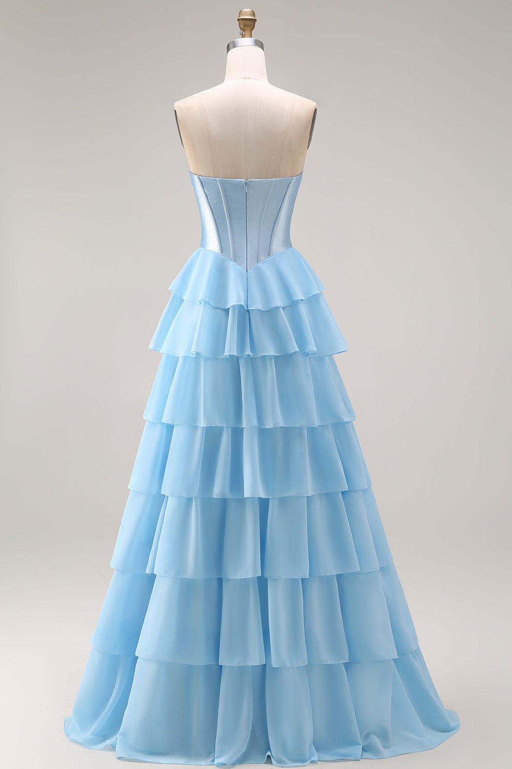 Sparkly Blue Sequin Tiered Ruffled Corset Long Prom Dress with Bow