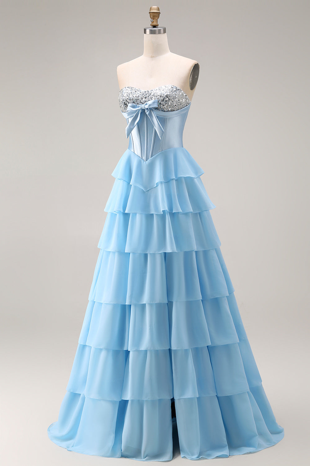 Sparkly Blue Sequin Tiered Ruffled Corset Long Prom Dress with Bow