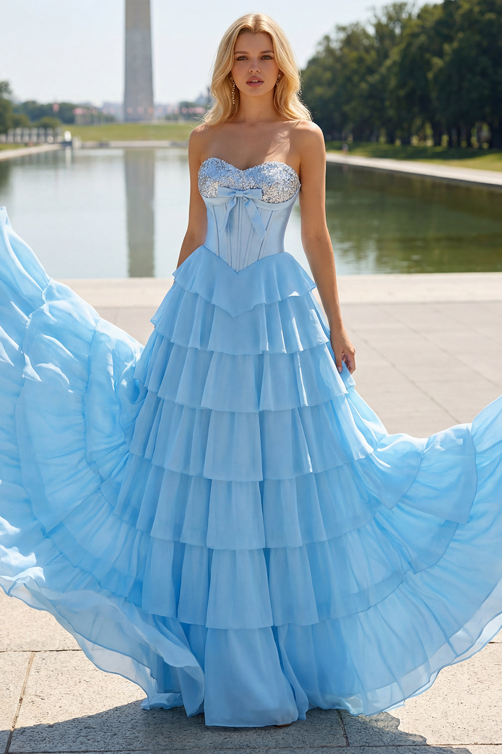 Sparkly Blue Sequin Tiered Ruffled Corset Long Prom Dress with Bow