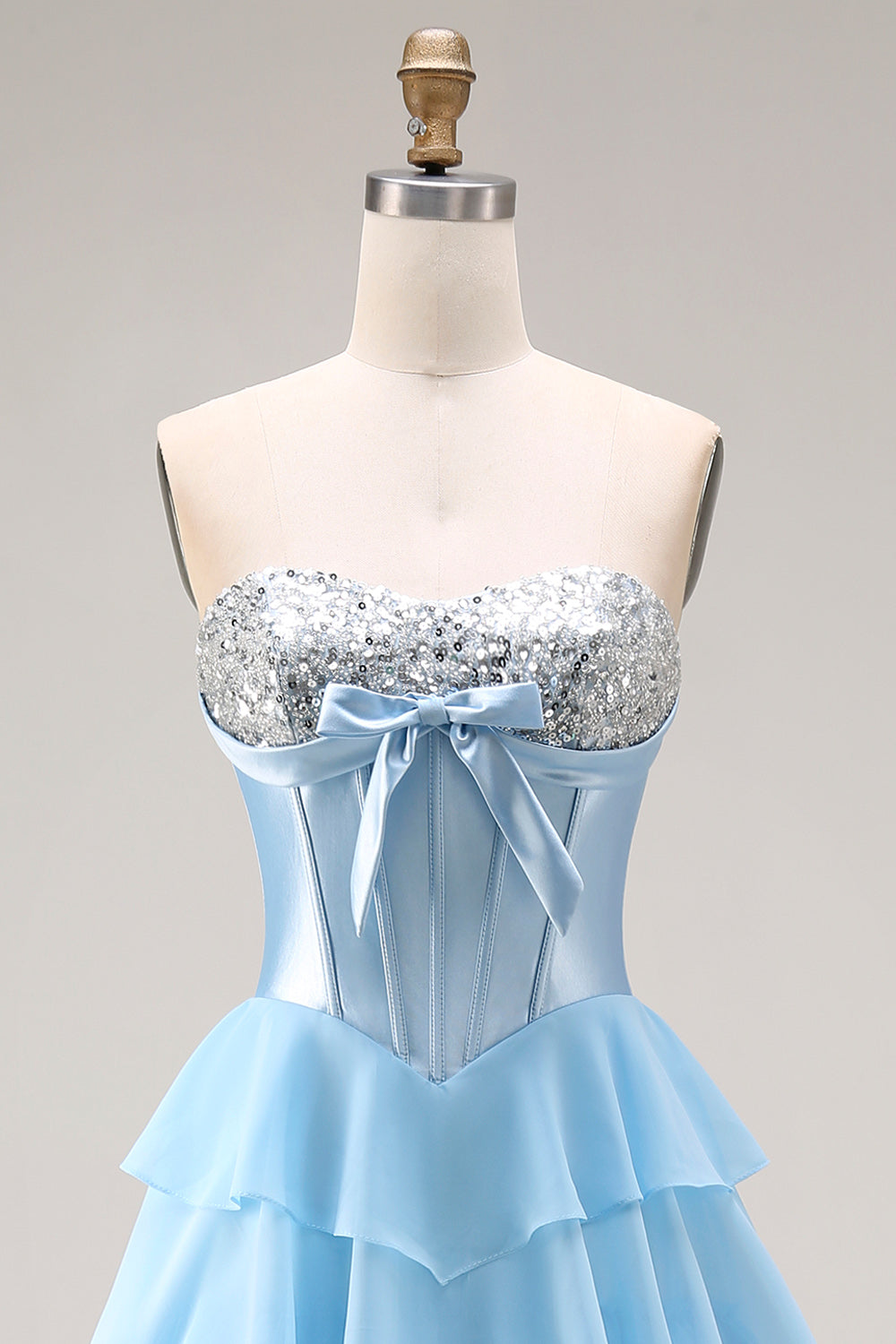 Sparkly Blue Sequin Tiered Ruffled Corset Long Prom Dress with Bow