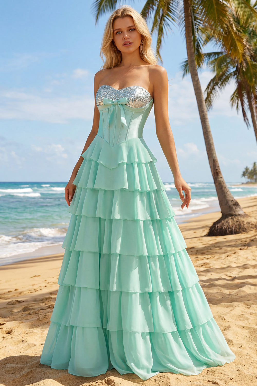 Sparkly Blue Sequin Tiered Ruffled Corset Long Prom Dress with Bow