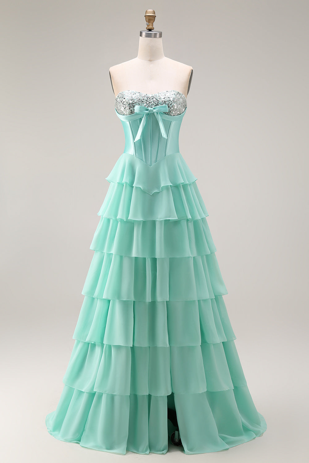 Sparkly Pink Tiered Sequin Ruffled Long Corset Prom Dress with Bow