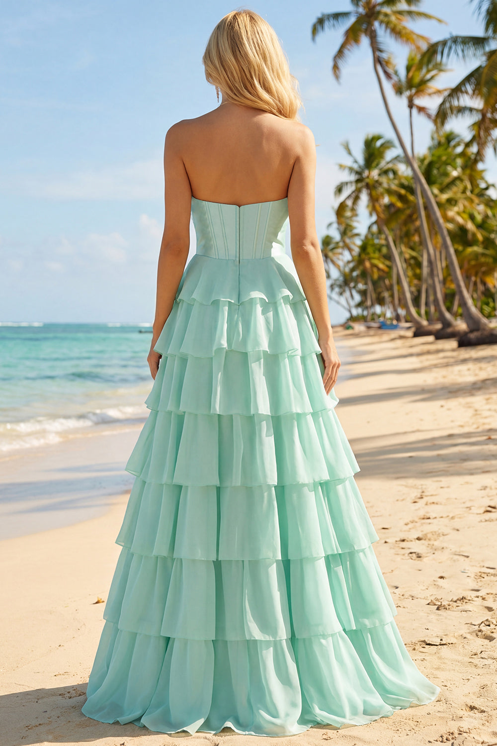 Sparkly Blue Sequin Tiered Ruffled Corset Long Prom Dress with Bow