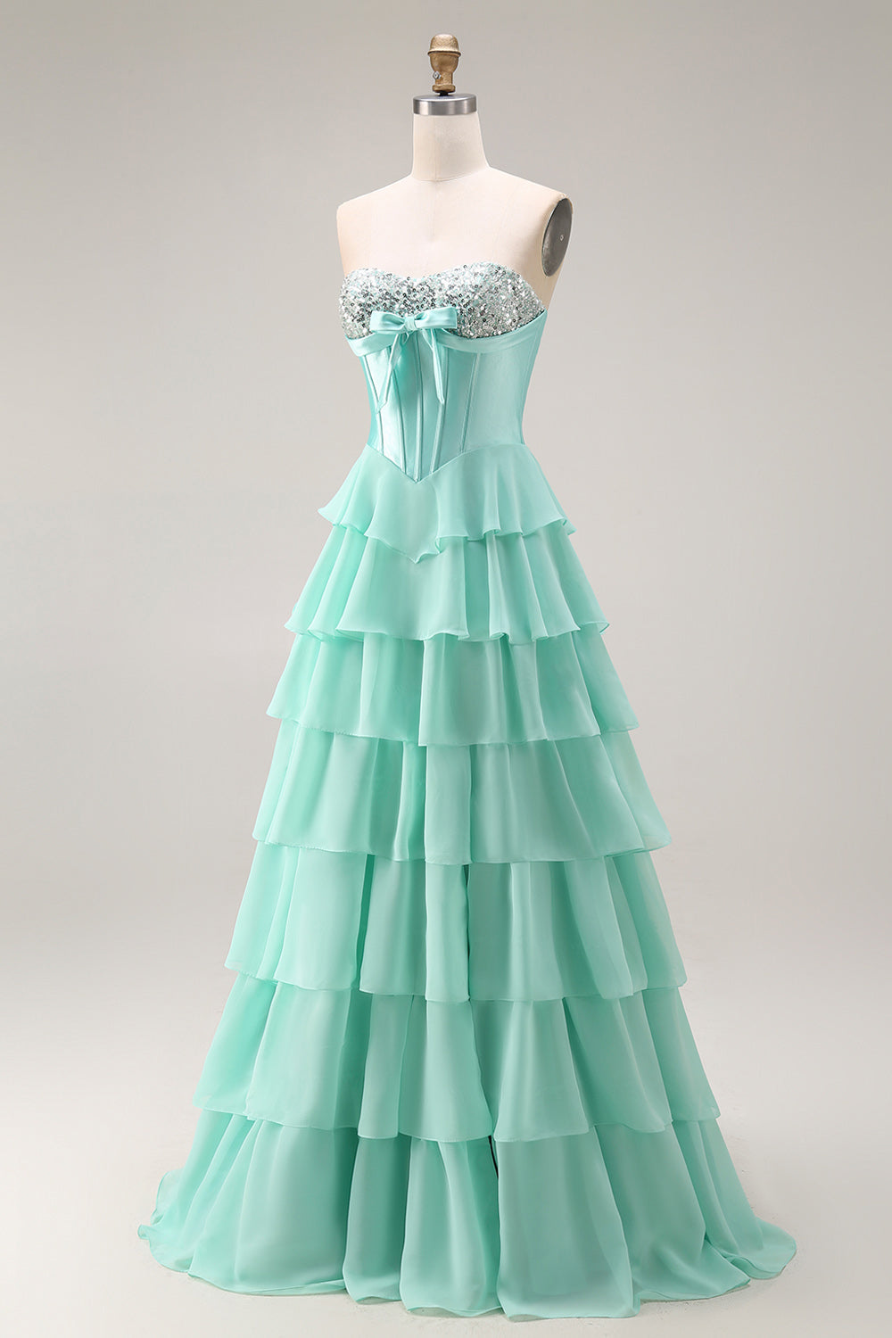 Sparkly Blue Sequin Tiered Ruffled Corset Long Prom Dress with Bow