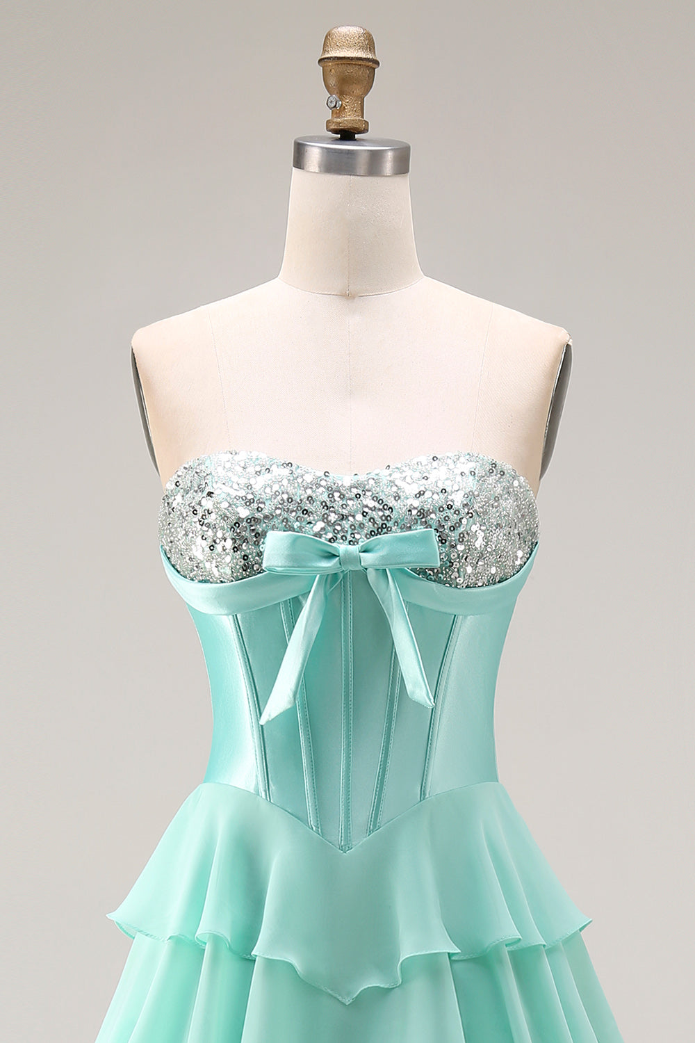 Sparkly Blue Sequin Tiered Ruffled Corset Long Prom Dress with Bow