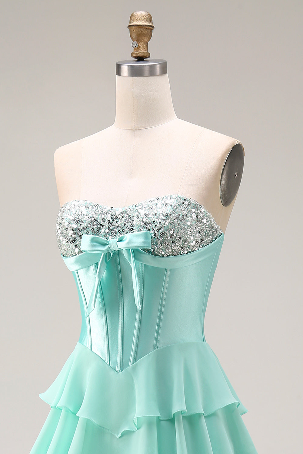Sparkly Blue Sequin Tiered Ruffled Corset Long Prom Dress with Bow